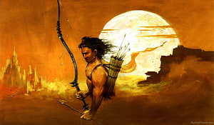 Karna the Archer Holding Bow and Quiver Against a Giant Moon in Epic Fantasy Art HD wallpaper