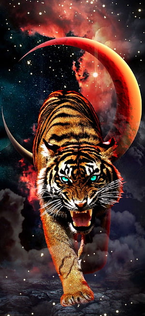 Fierce Tiger with Glowing Eyes Roaring in Cosmic Space with Red Crescent Moon HD phone wallpaper