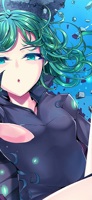 Tatsumaki from One Punch Man in a dramatic close-up with swirling green hair and shattered debris HD phone wallpaper