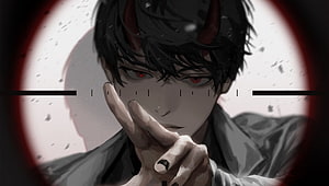 Kim Dokja Anime Character with Red Eyes and Horns in Dark Illustration HD wallpaper