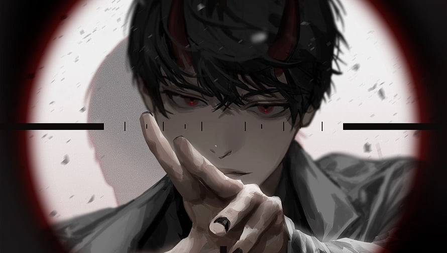 Kim Dokja Anime Character with Red Eyes and Horns in Dark Illustration HD wallpaper