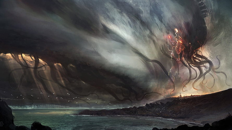 Cosmic Horror Concept Art Featuring a Massive Tentacled Entity Over a Stormy Coastline HD wallpaper