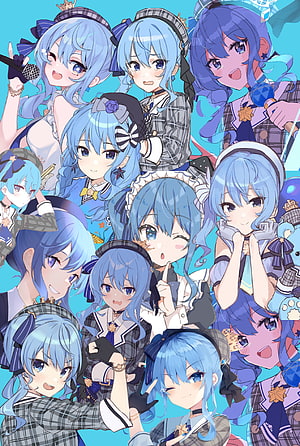 Hoshimachi Suisei VTuber Character Collage in Blue and Purple Outfits HD phone wallpaper