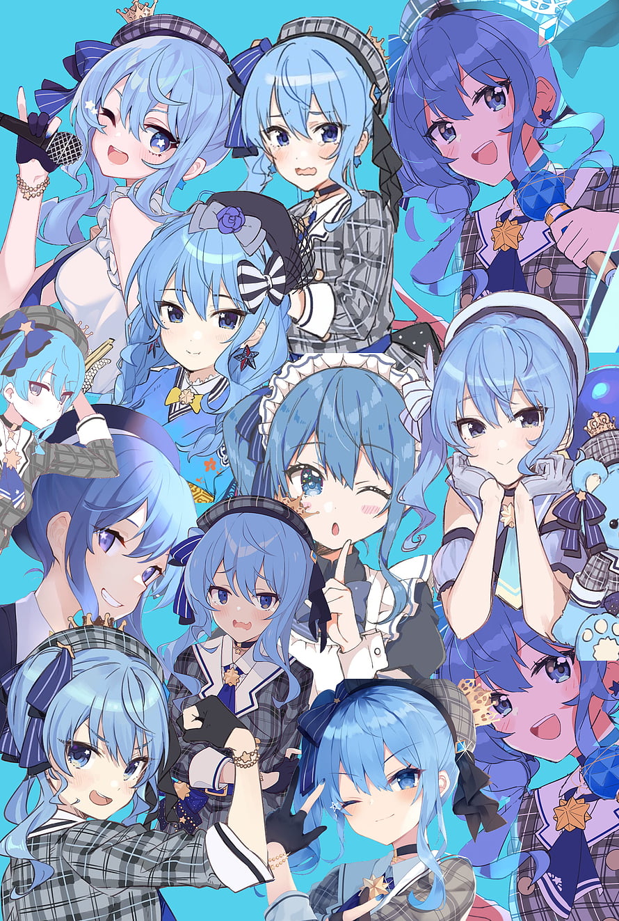 Hoshimachi Suisei VTuber Character Collage in Blue and Purple Outfits HD phone wallpaper