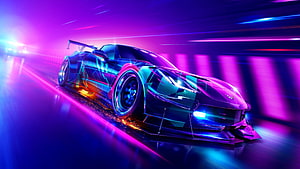 Futuristic Neon Sports Car Speeding Through Cyberpunk City at Night HD wallpaper
