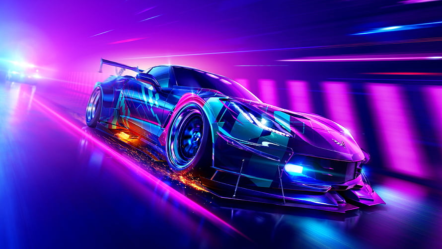 Futuristic Neon Sports Car Speeding Through Cyberpunk City at Night HD wallpaper