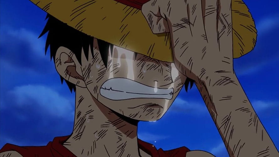 Monkey D. Luffy Crying Under Straw Hat in One Piece Anime Scene HD wallpaper