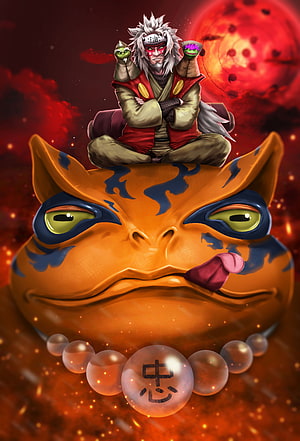 Jiraiya Sage Mode Sitting on Gamabunta with Red Moon Background HD phone wallpaper
