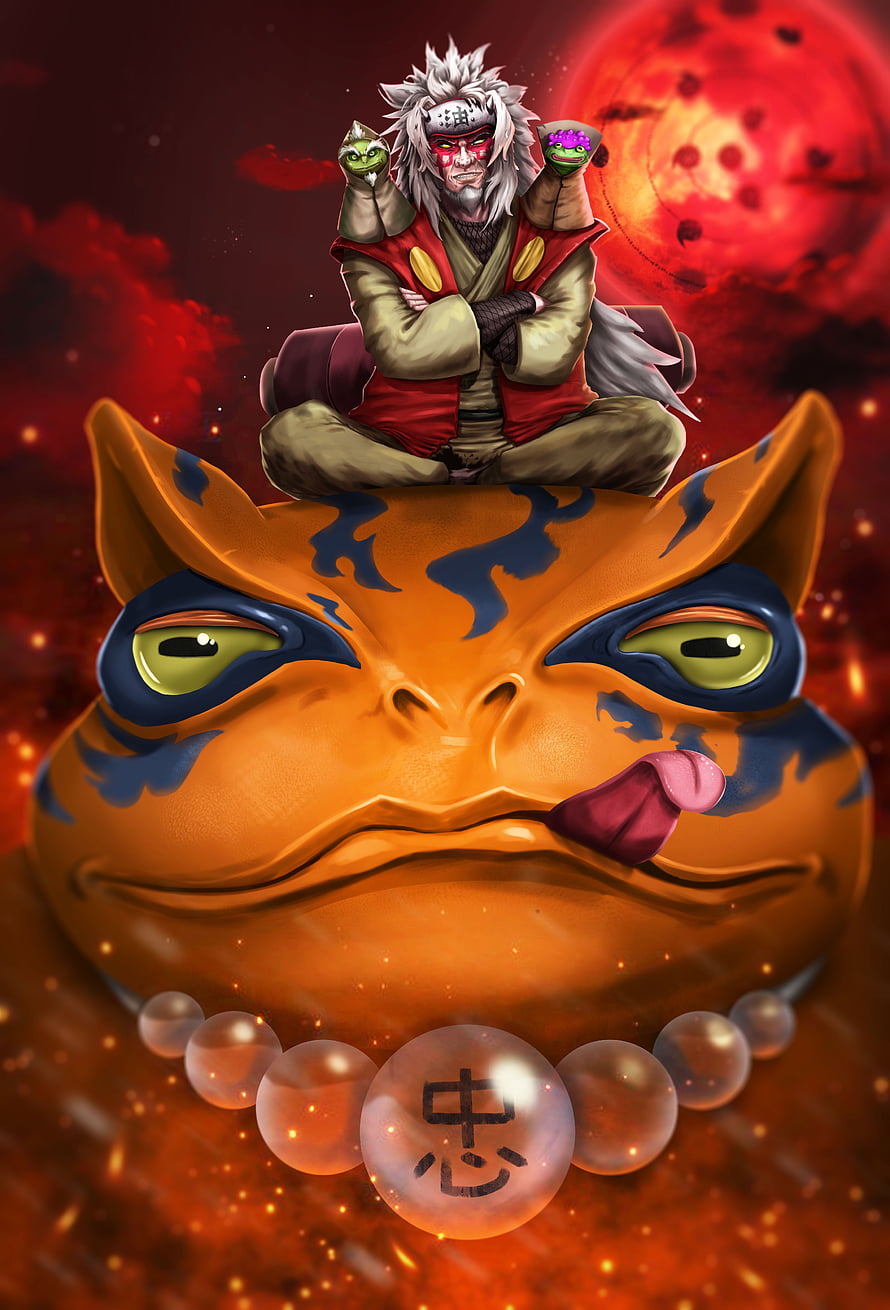 Jiraiya Sage Mode Sitting on Gamabunta with Red Moon Background HD phone wallpaper