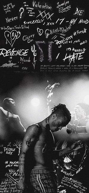 XXXTentacion Black and White Concert Performance with Graffiti Text Overlay HD phone wallpaper