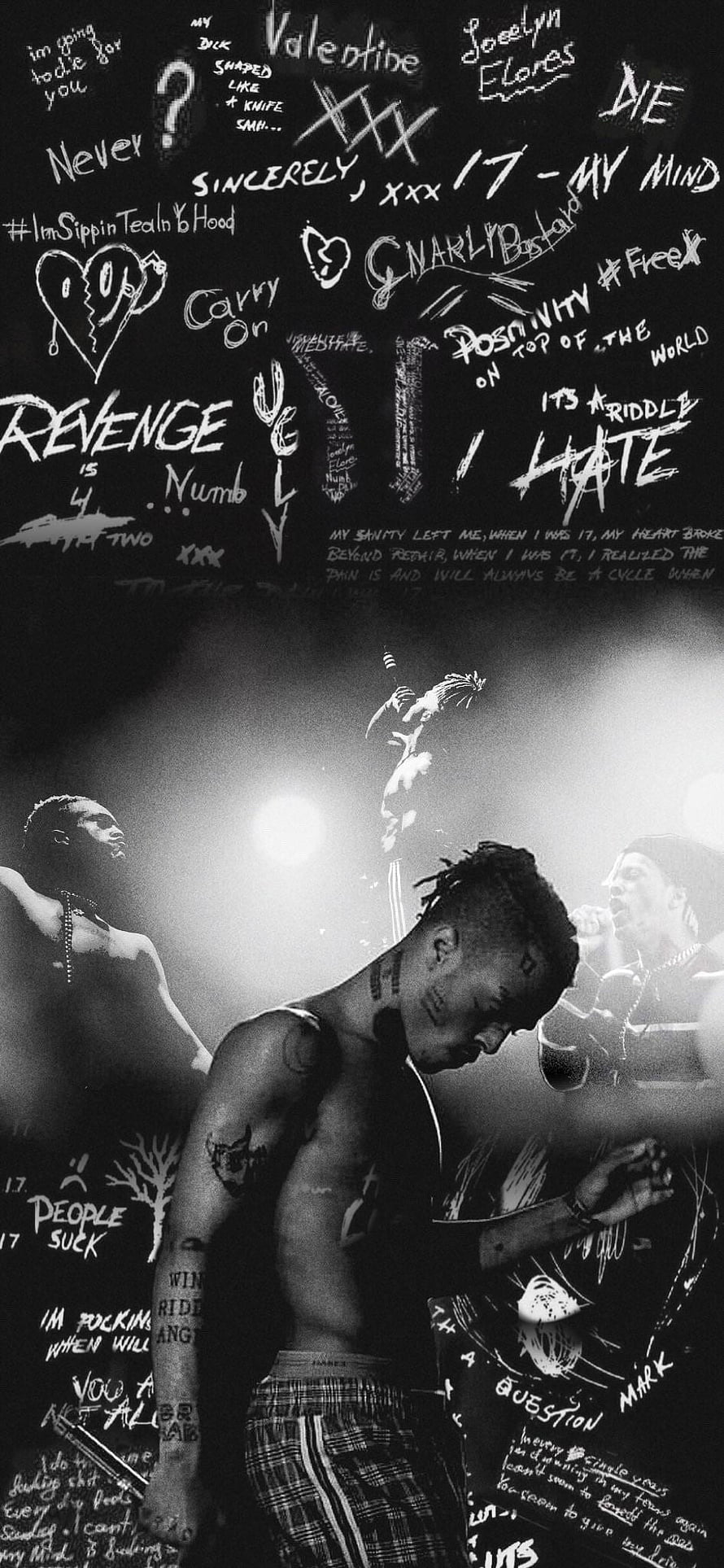 XXXTentacion Black and White Concert Performance with Graffiti Text Overlay HD phone wallpaper