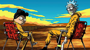 Rick and Morty in Breaking Bad Style Desert Scene with Walter White and Jesse Pinkman HD wallpaper