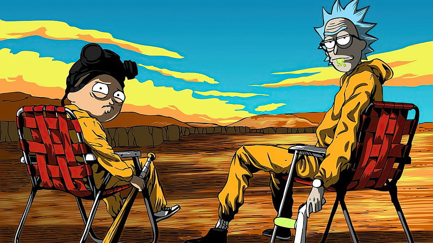 Rick and Morty in Breaking Bad Style Desert Scene with Walter White and Jesse Pinkman HD wallpaper