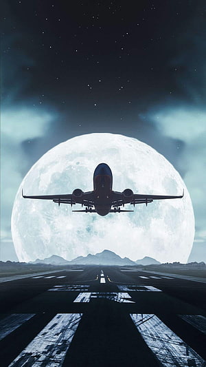 Airplane Taking Off Over Runway With Giant Full Moon And Starry Night Sky HD phone wallpaper