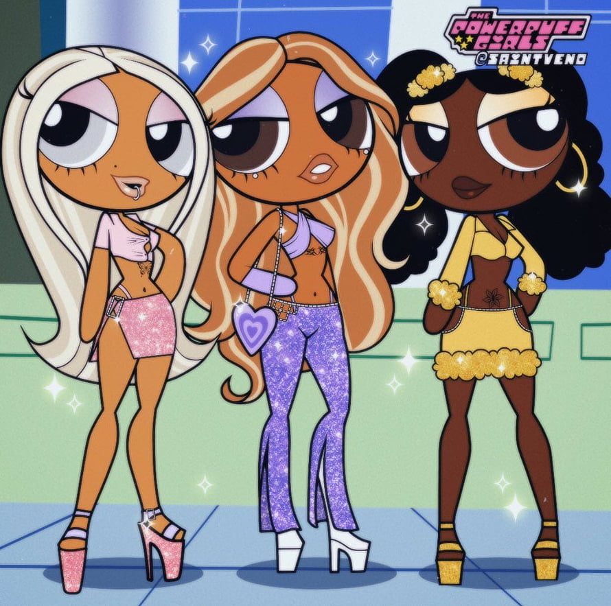 The Powerpuff Girls Baddie Edition: Three Stylized Cartoon Characters in Fashionable Outfits HD wallpaper