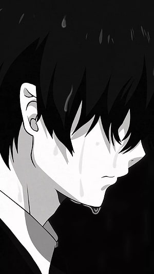 Monochrome Anime Boy Profile With Tears And Spiky Hair HD phone wallpaper
