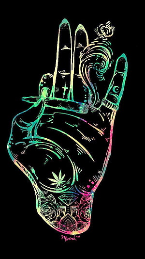 Holographic Hand Illustration Featuring Cannabis Leaf, Diamond, and Rose Tattoo Art on Black Background HD phone wallpaper
