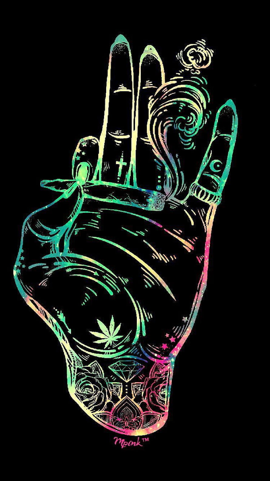 Holographic Hand Illustration Featuring Cannabis Leaf, Diamond, and Rose Tattoo Art on Black Background HD phone wallpaper