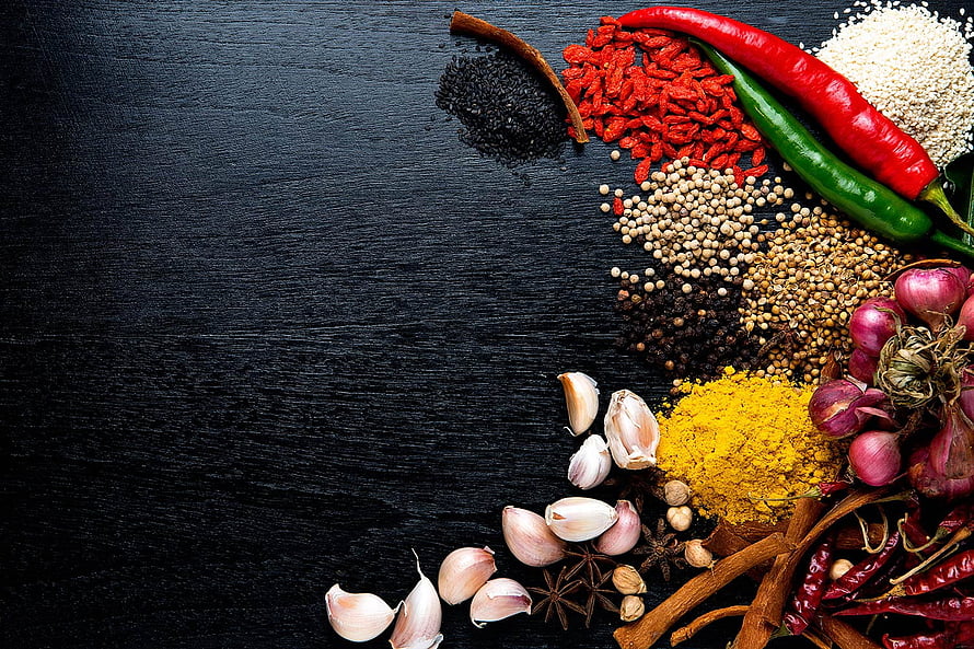 Assorted Spices and Herbs Arranged on Dark Wooden Surface HD wallpaper