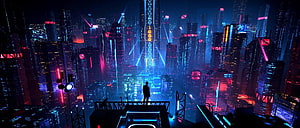 Cyberpunk Cityscape at Night with Silhouette on Rooftop HD wallpaper