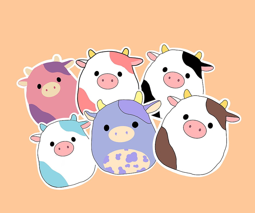 Cute Pastel Cartoon Cows Sticker Sheet on Peach Background HD wallpaper