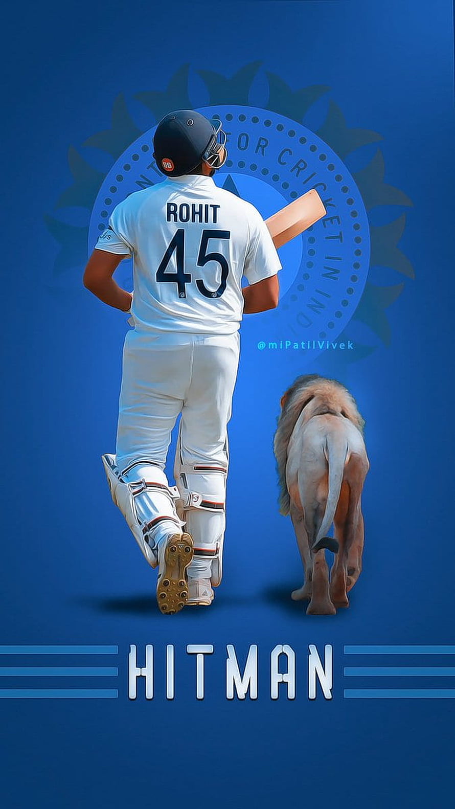 Rohit Sharma Cricket Player Walking with Lion on Blue Background HD phone wallpaper
