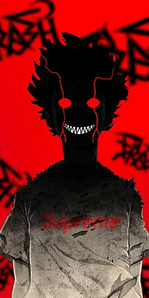 Menacing Black Silhouette with Glowing Red Eyes and Supreme Shirt on Red Background HD phone wallpaper