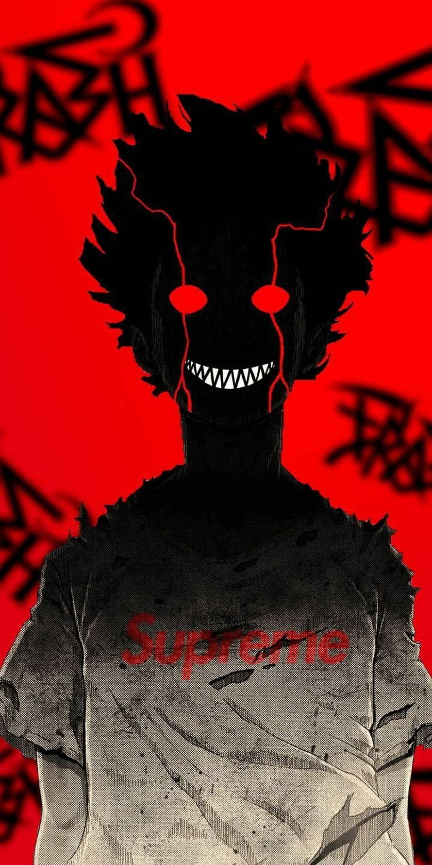 Menacing Black Silhouette with Glowing Red Eyes and Supreme Shirt on Red Background HD phone wallpaper