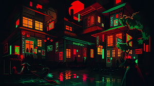 Cyberpunk Asian Street Scene with Neon Signs and Rainy Night Reflections HD wallpaper