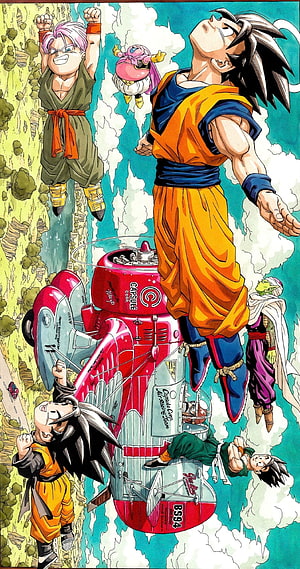 Dragon Ball Z Manga Art Featuring Goku, Trunks, and the Capsule Corp Airship in Flight HD phone wallpaper