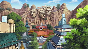 Hidden Leaf Village Panorama With Hokage Monument Carved Into Rocky Cliffs HD wallpaper