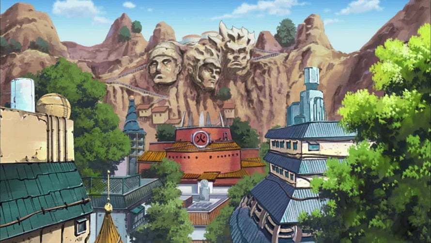 Hidden Leaf Village Panorama With Hokage Monument Carved Into Rocky Cliffs HD wallpaper