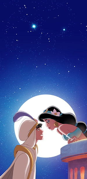 Aladdin and Jasmine gazing at each other under a full moon and starry night sky HD phone wallpaper