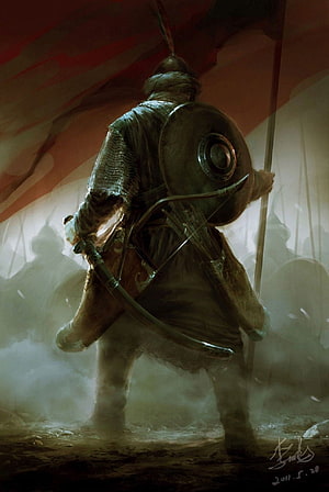 Medieval Knight in Chainmail Holding Round Shield and Sword in Misty Battlefield HD phone wallpaper