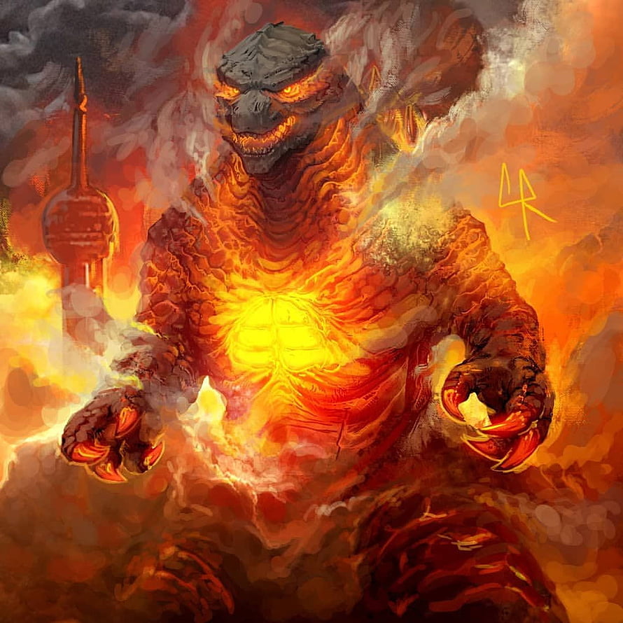 Burning Godzilla Concept Art with Glowing Core and Fire Effects HD phone wallpaper