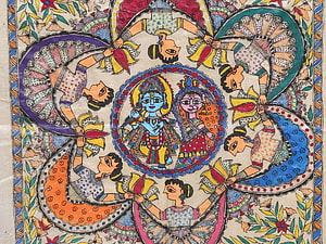 Traditional Madhubani Art Depicting Krishna and Radha Surrounded by Dancing Figures HD wallpaper