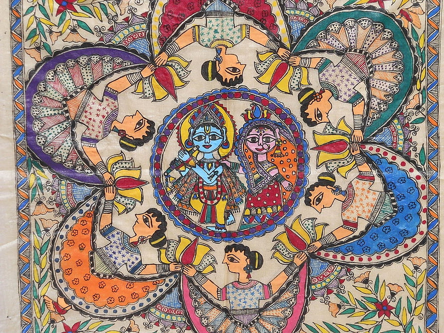 Traditional Madhubani Art Depicting Krishna and Radha Surrounded by Dancing Figures HD wallpaper