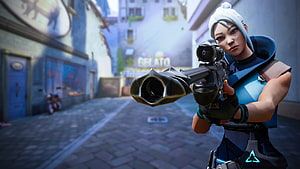 Sova Aiming Sniper Rifle in Ascent Street Scene From Valorant HD wallpaper