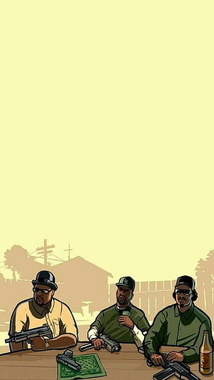 GTA San Andreas Comic Illustration of Three Armed Men at a Table HD phone wallpaper