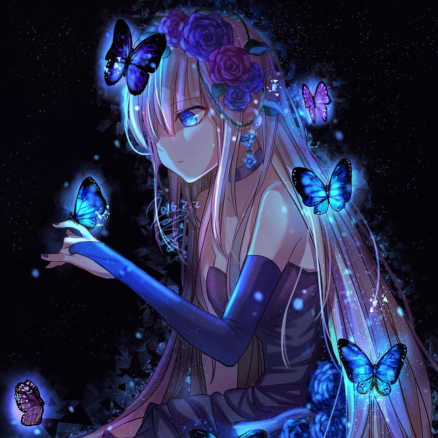 Anime Girl With Glowing Blue Butterflies And Rose Crown In Dark Fantasy Style HD phone wallpaper