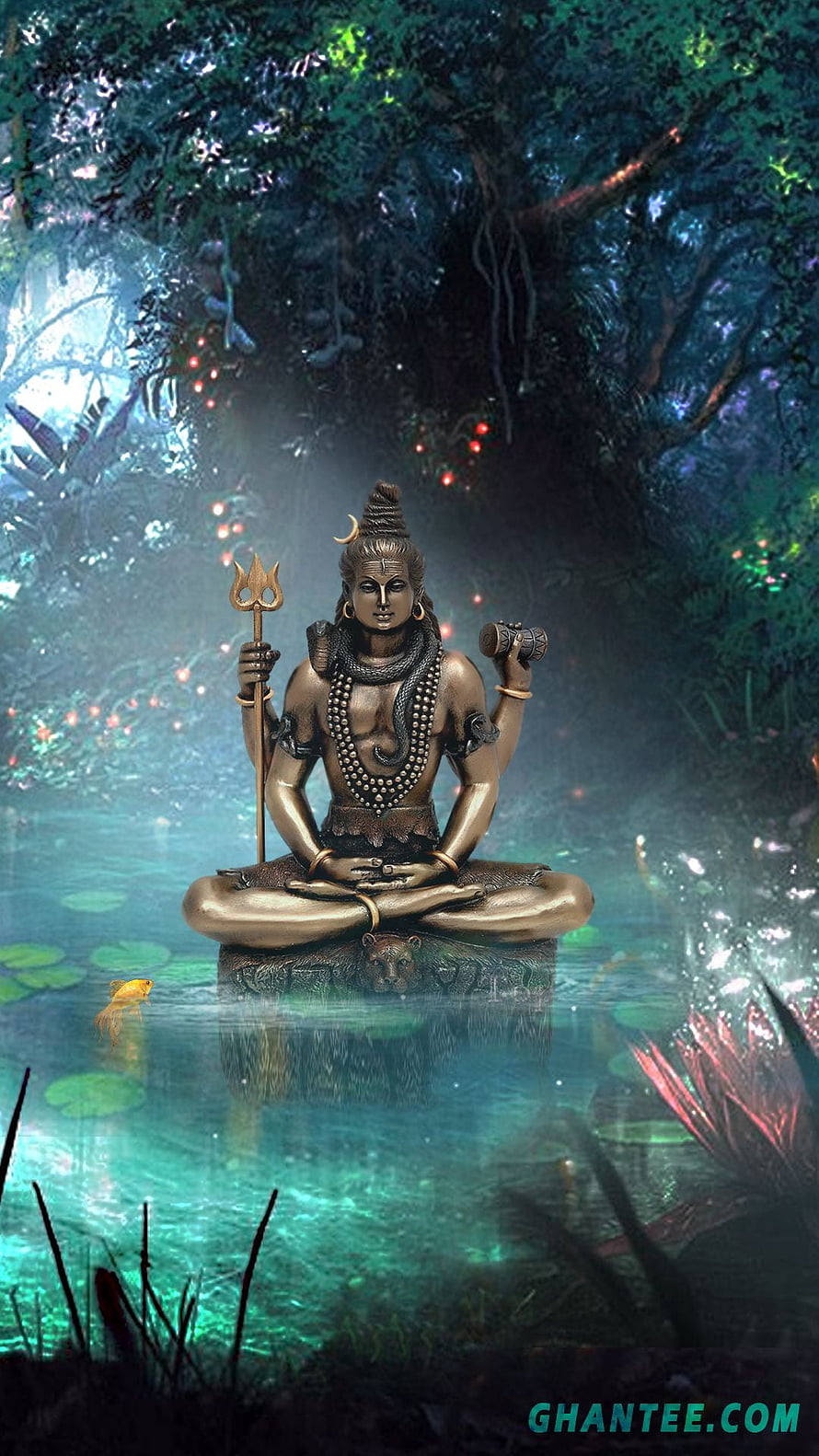 Lord Shiva Meditating in a Mystical Forest Pond with Trishula and Rudraksha HD phone wallpaper