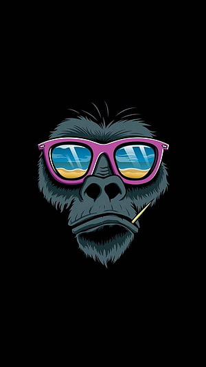 Chill Gorilla Wearing Pink Sunglasses and Smoking a Cigarette on Black Background HD phone wallpaper