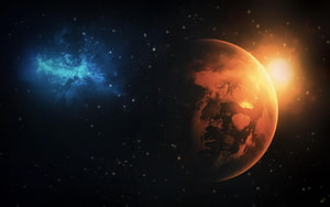 Alien Planet and Blue Nebula in Deep Space with Distant Star HD wallpaper