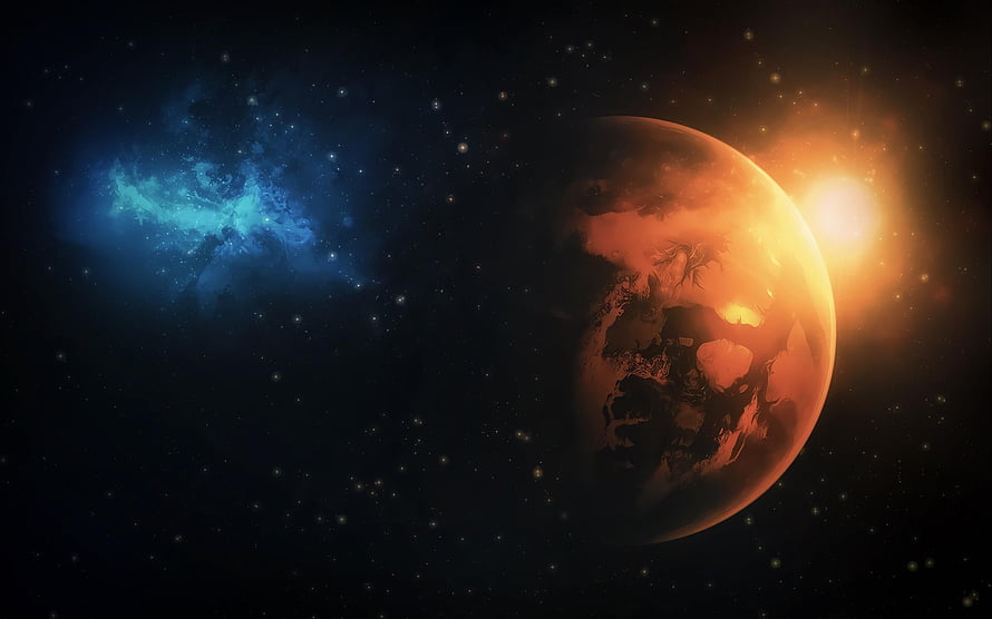 Alien Planet and Blue Nebula in Deep Space with Distant Star HD wallpaper