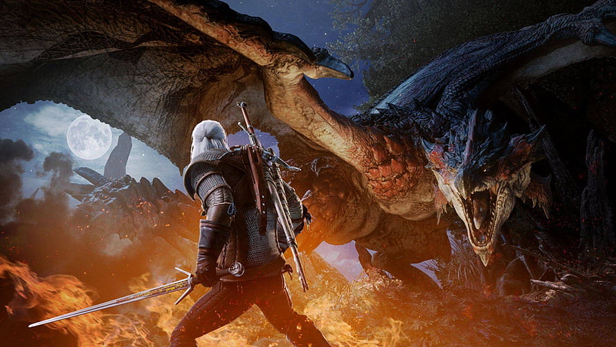 Monster Hunter World Hunter Confronting Massive Dragon in Fiery Night Battle HD wallpaper