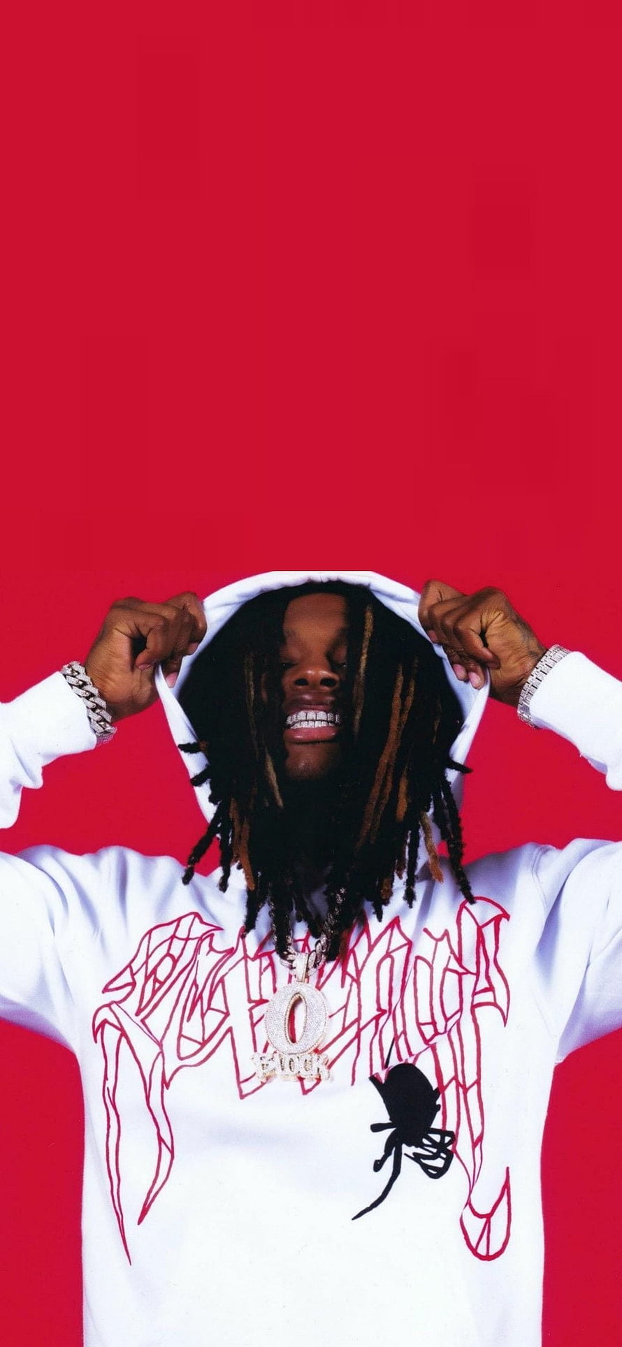 King Von in white hoodie with red graphic against bold red background HD phone wallpaper