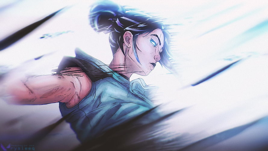 Jett from Valorant in Dynamic Action Pose with Blue Energy Effects HD wallpaper