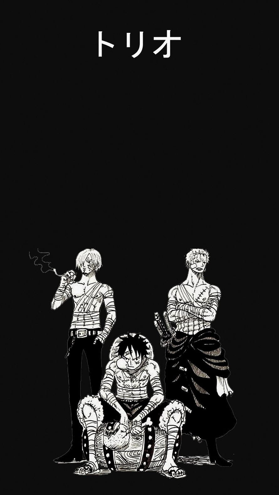 One Piece Manga Trio: Luffy, Zoro, and Sanji in Black and White Ink Illustration HD phone wallpaper