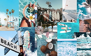 Tropical Summer Beach Aesthetic Collage with Surfboards, Coconuts, and Palm Trees HD wallpaper