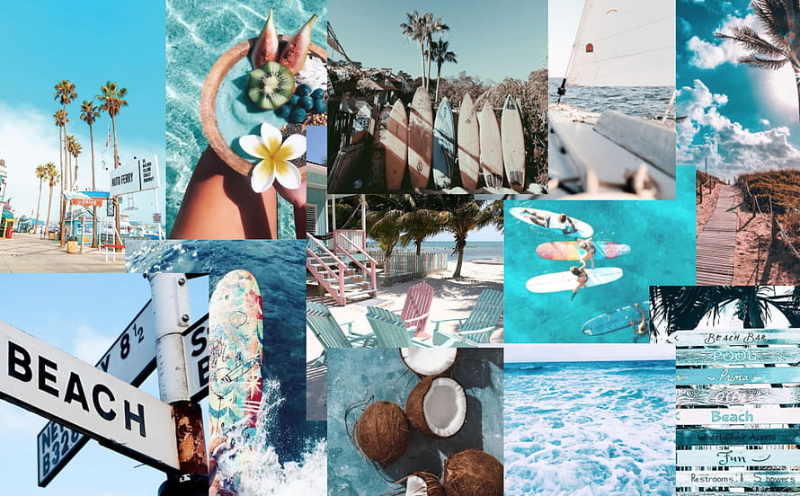 Tropical Summer Beach Aesthetic Collage with Surfboards, Coconuts, and Palm Trees HD wallpaper